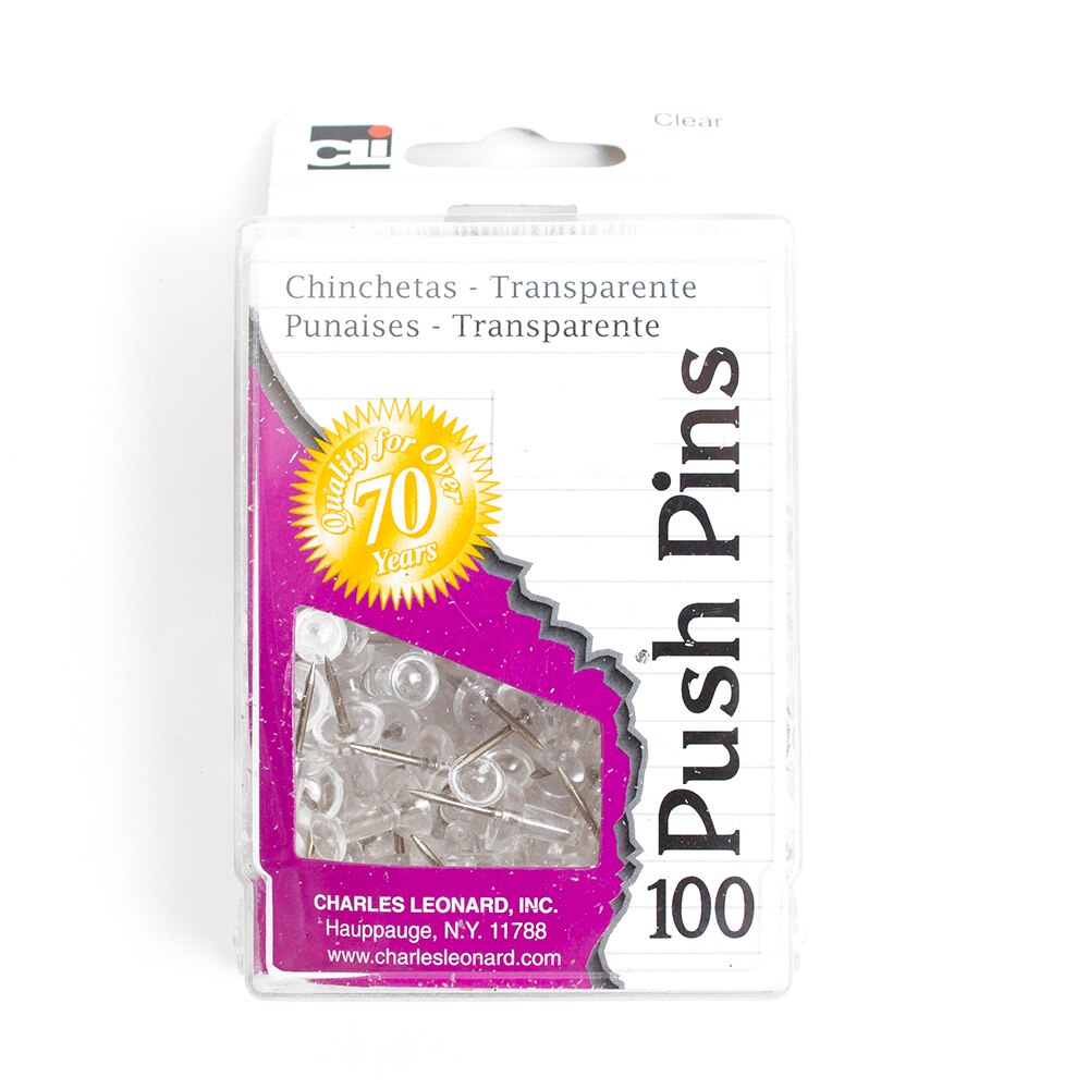 Charles Leonard, Inc., Tacks, Pins & Clips, Art & School, Push Pins, 100 count, 29180, Clear
